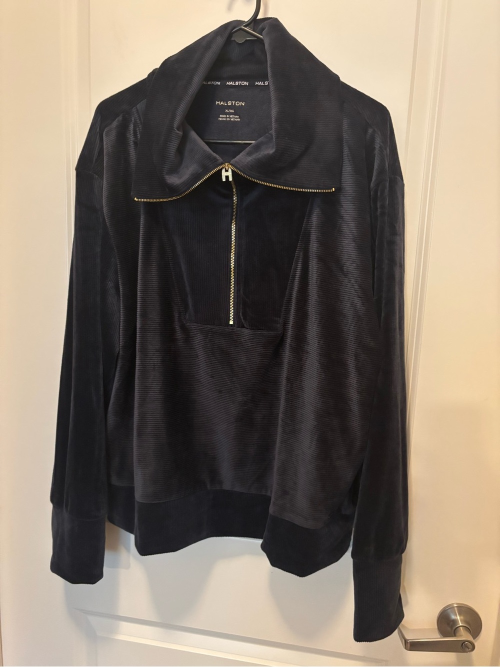 Halston Navy Velour Half-Zip Jacket with Gold Hardware